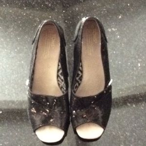 Toms Black Sequin Peep Toe Wedge